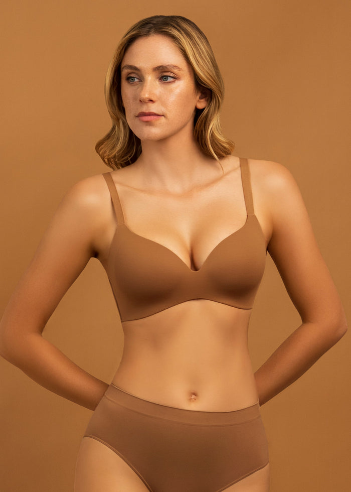Woman wearing the Wireless Molded Cup Bra in Cafe au Lait, close-up front view